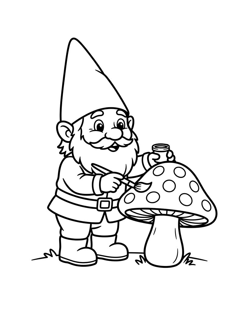 Garden Gnome Painting Polka Dots On A Large Red Mushroom Coloring Page