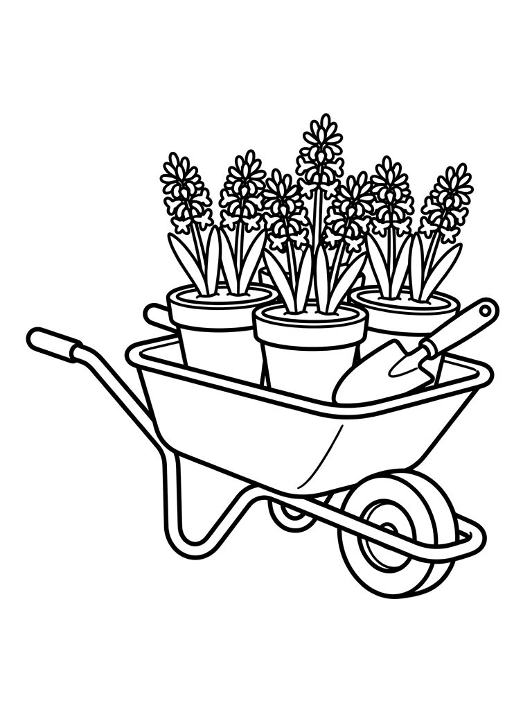 Garden Wheelbarrow Filled With Terracotta Pots Of Hyacinths And A Metal Trowel Coloring Page