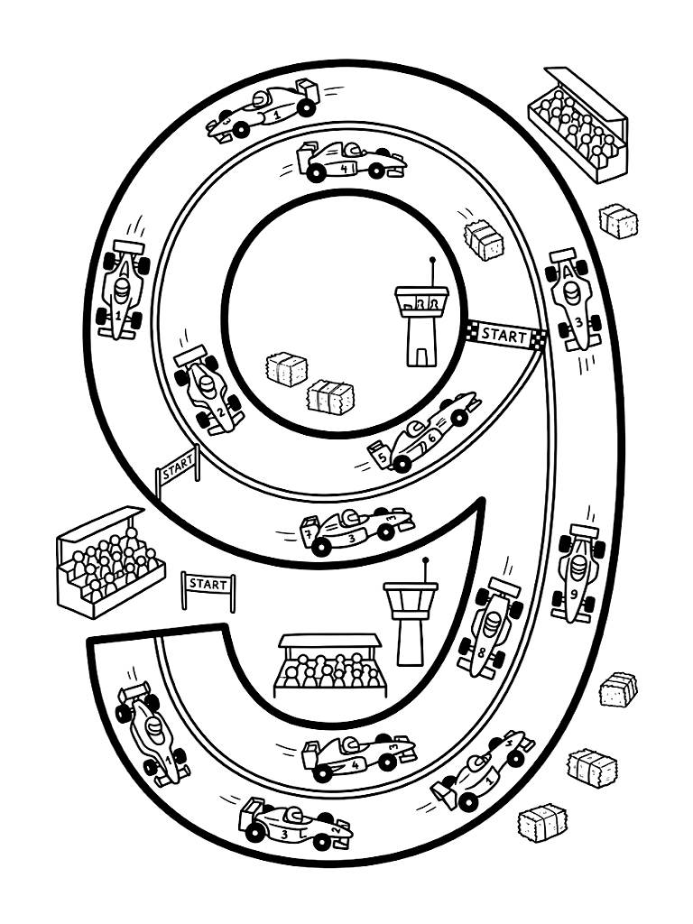 Giant Number Nine Styled As A Winding Grand Prix Race Track Featuring Exactly Nine Detailed Miniature Race Cars Zooming Around Coloring Page