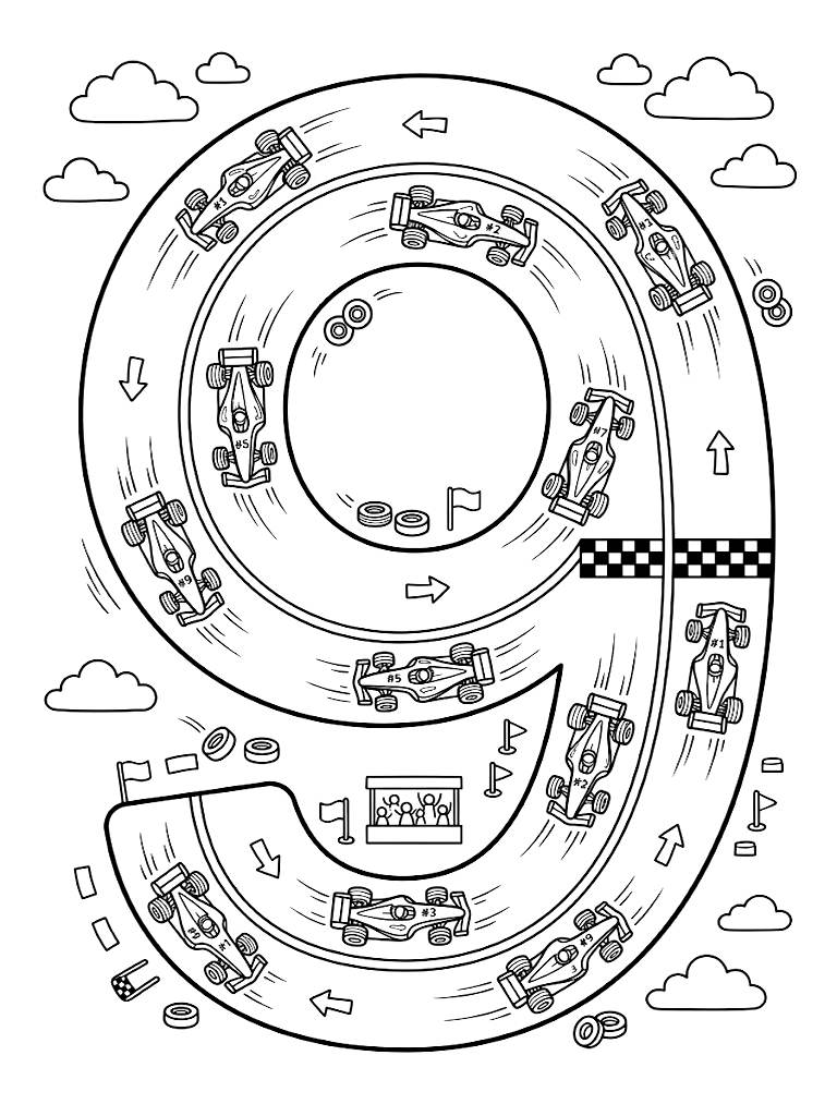 Giant Number Nine Styled As A Winding Grand Prix Race Track Featuring Exactly Nine Detailed Miniature Race Cars Zooming Around Coloring Page