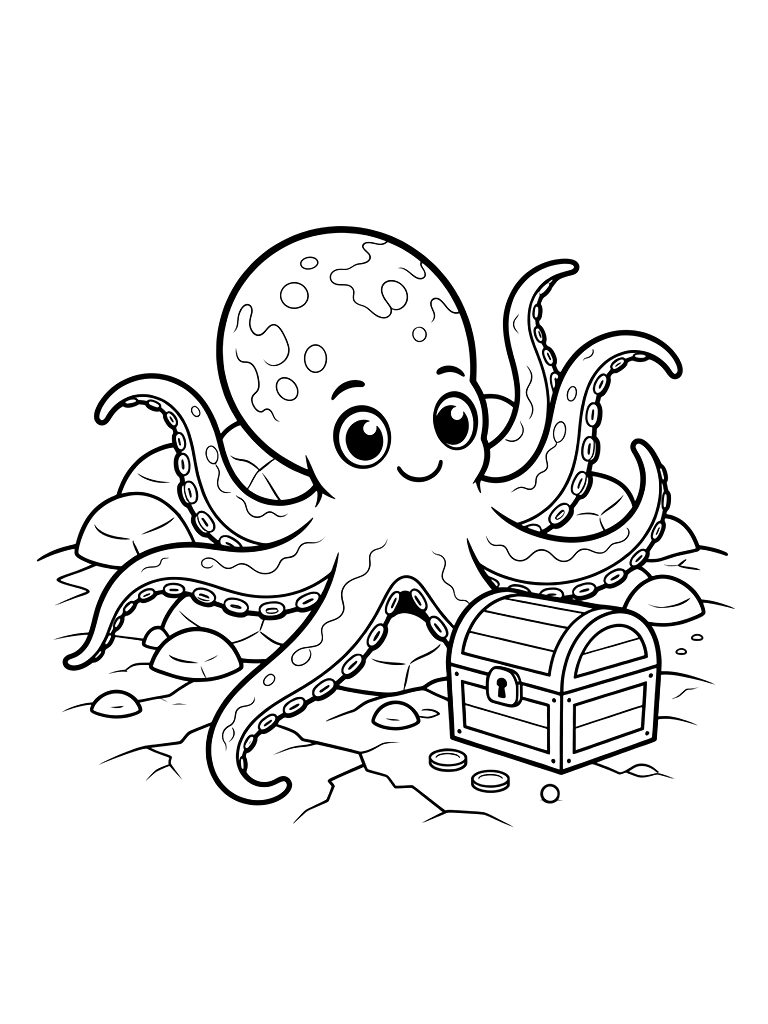 Giant Octopus Camouflaged Against A Rocky Sea Floor With A Treasure Chest Coloring Page