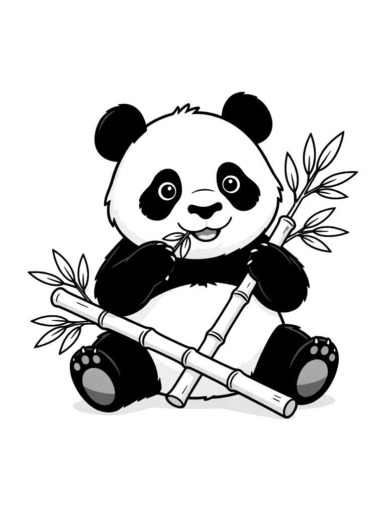 Giant Panda Eating Bamboo Stalks In A Misty Mountain Forest Coloring Page