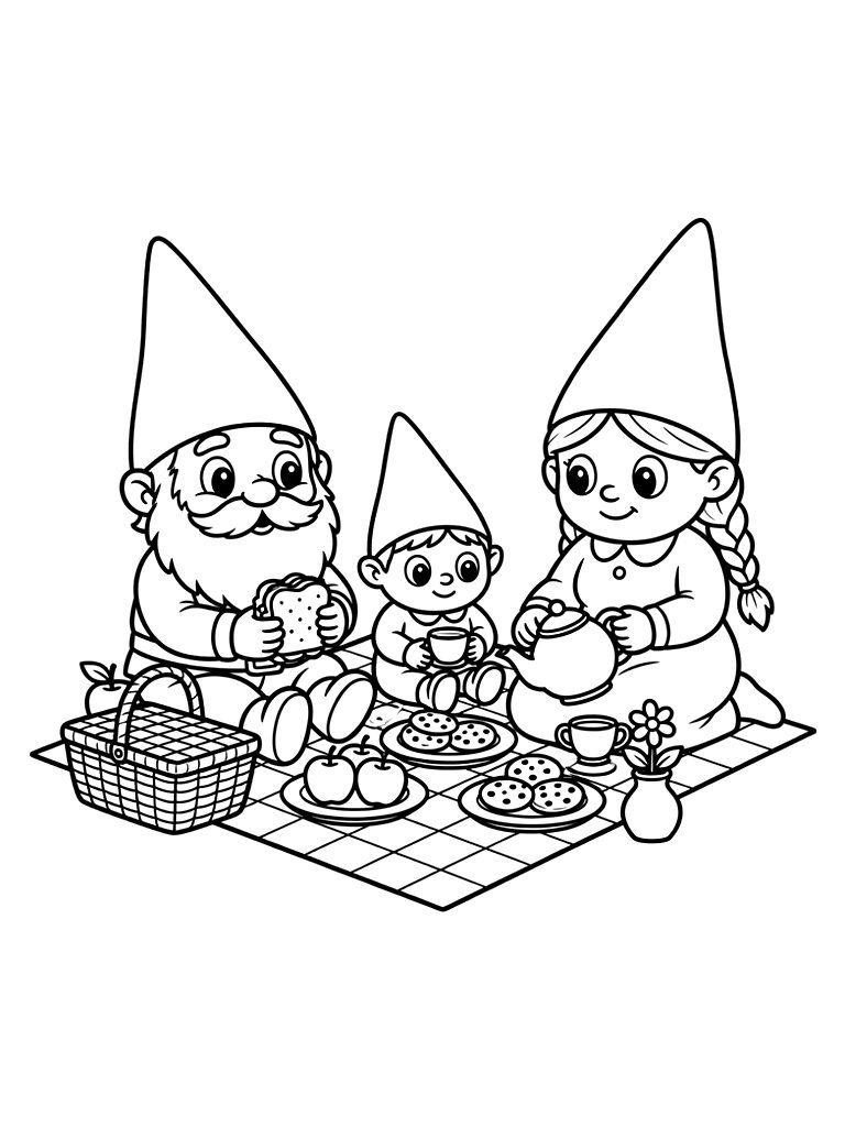 Gnome Family Picnic Coloring Page