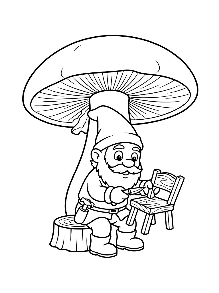 Gnome Woodworker Carving A Tiny Chair Under The Shade Of A Giant Bolete Mushroom Coloring Page