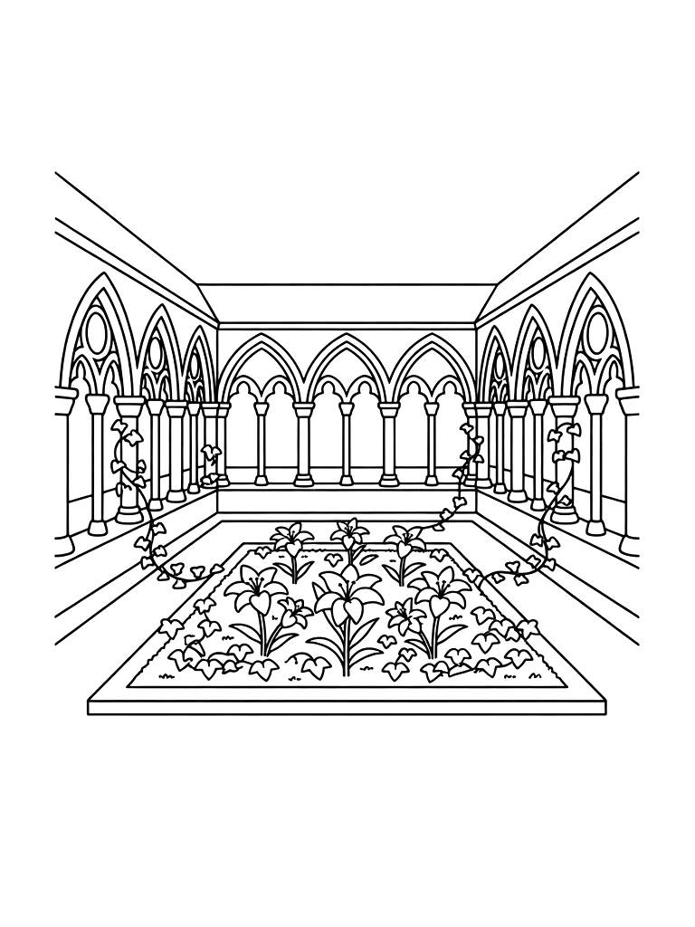 Gothic Cathedral Cloisters With Pointed Arches And A Central Garden Filled With White Lilies And Ivy Coloring Page