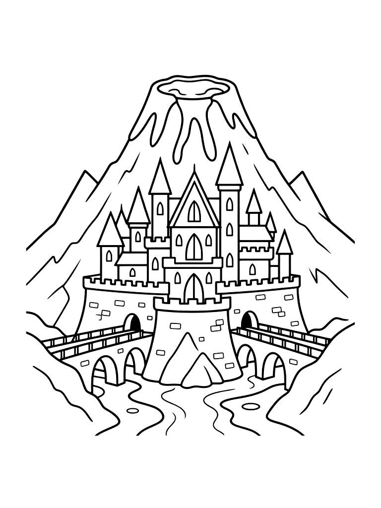 Gothic Dark Fantasy Castle Built Into A Volcano With Bridges Crossing Over Glowing Lava Flows Coloring Page