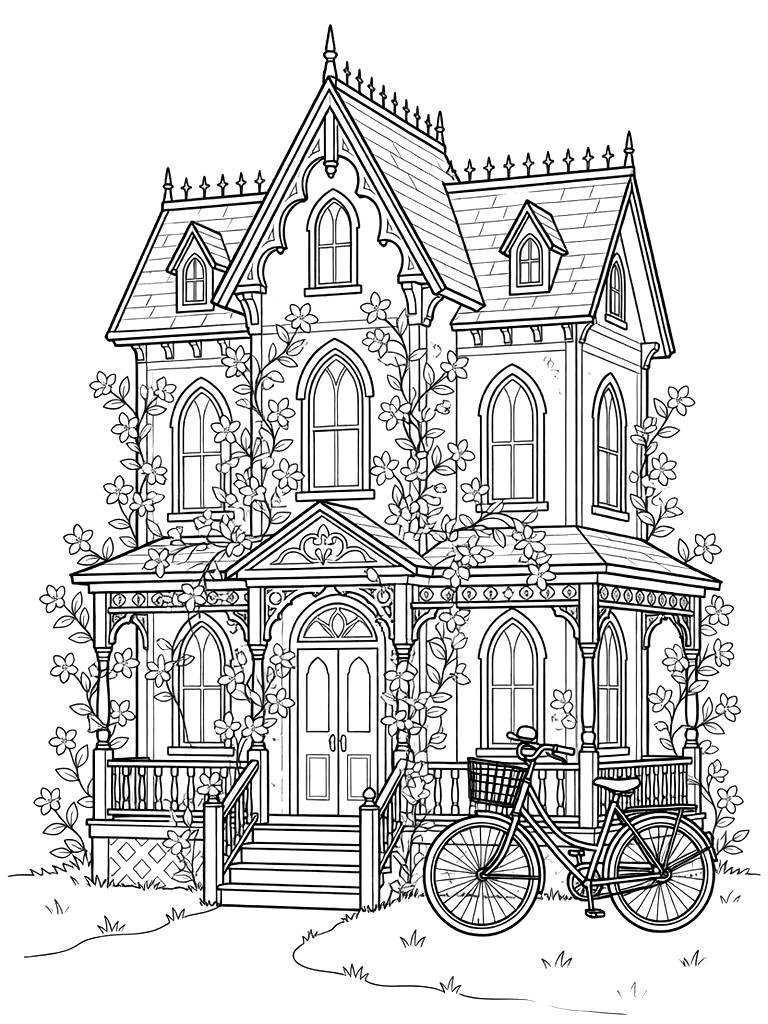 Gothic Victorian House In Late Spring Covered In Climbing White Jasmine Vines With A Classic Vintage Bicycle Leaning Against The Porch Coloring Page