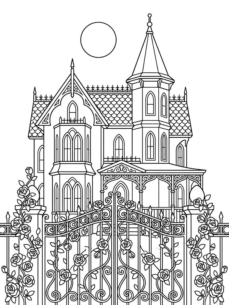 Gothic Victorian Mansion Featuring An Ornate Wrought-Iron Gate Wrapped In Blooming Dark Red Climbing Roses Under A Full Spring Moon Coloring Page