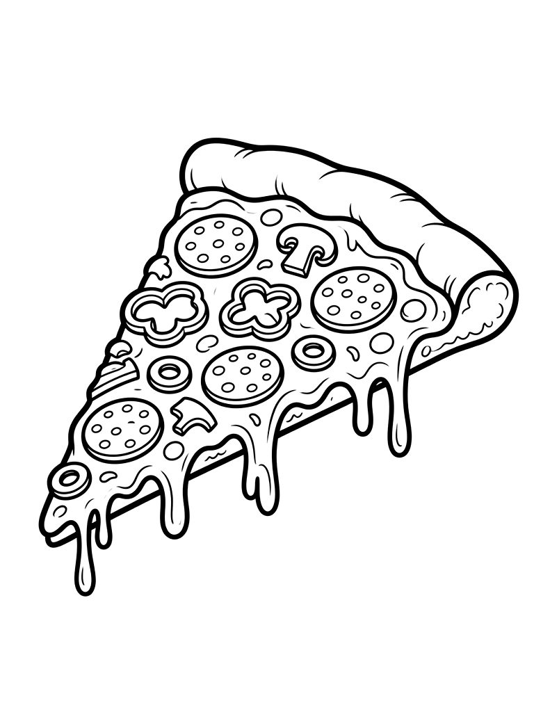 Gourmet Pizza Slice With Melting Cheese And Vibrant Vegetable Toppings Coloring Page
