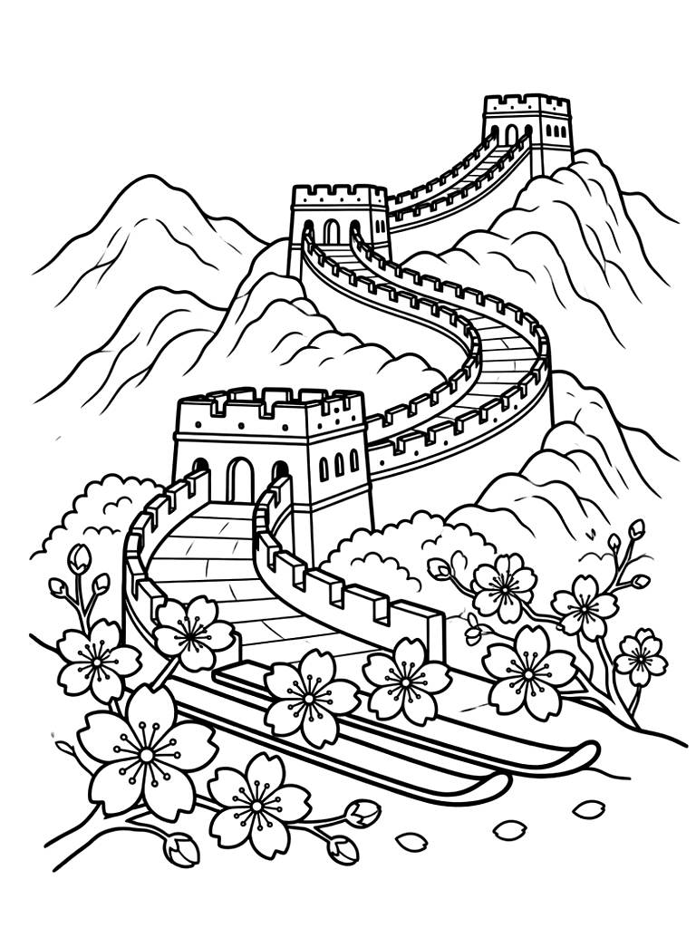 Great Wall Of China Winding Through Green Mountains With Spring Blossoms In The Foreground Coloring Page