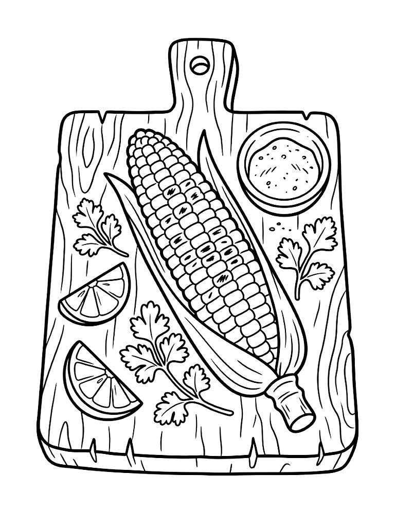 Grilled Corn On The Cob Resting On A Rustic Wooden Board With Sliced Limes Sprigs Of Cilantro And A Bowl Of Chili Powder Coloring Page