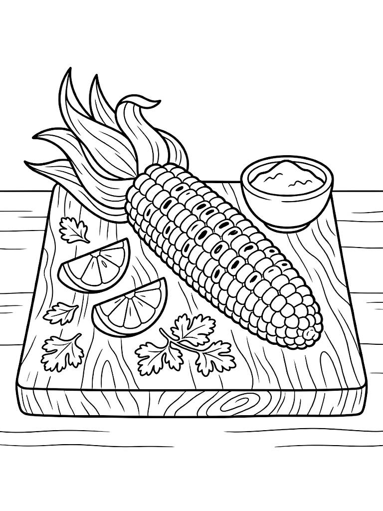 Grilled Corn On The Cob Resting On A Rustic Wooden Board With Sliced Limes Sprigs Of Cilantro And A Bowl Of Chili Powder Coloring Page