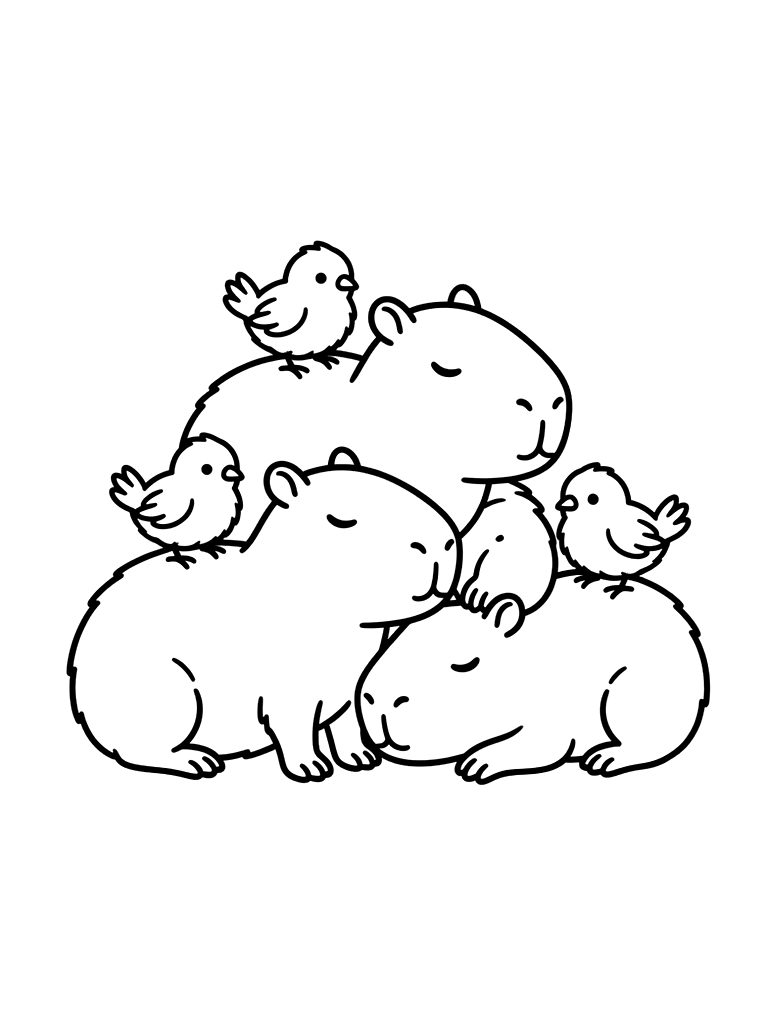 Group Of Capybaras Huddling Together With Baby Birds Resting On Their Backs Coloring Page