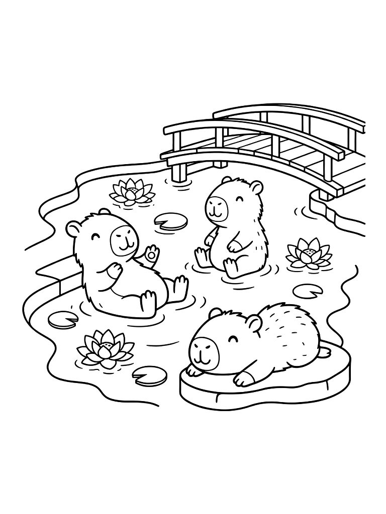 Group Of Capybaras Lounging In A Shallow Pool With Floating Pink Lotus Flowers And A Wooden Bridge Coloring Page