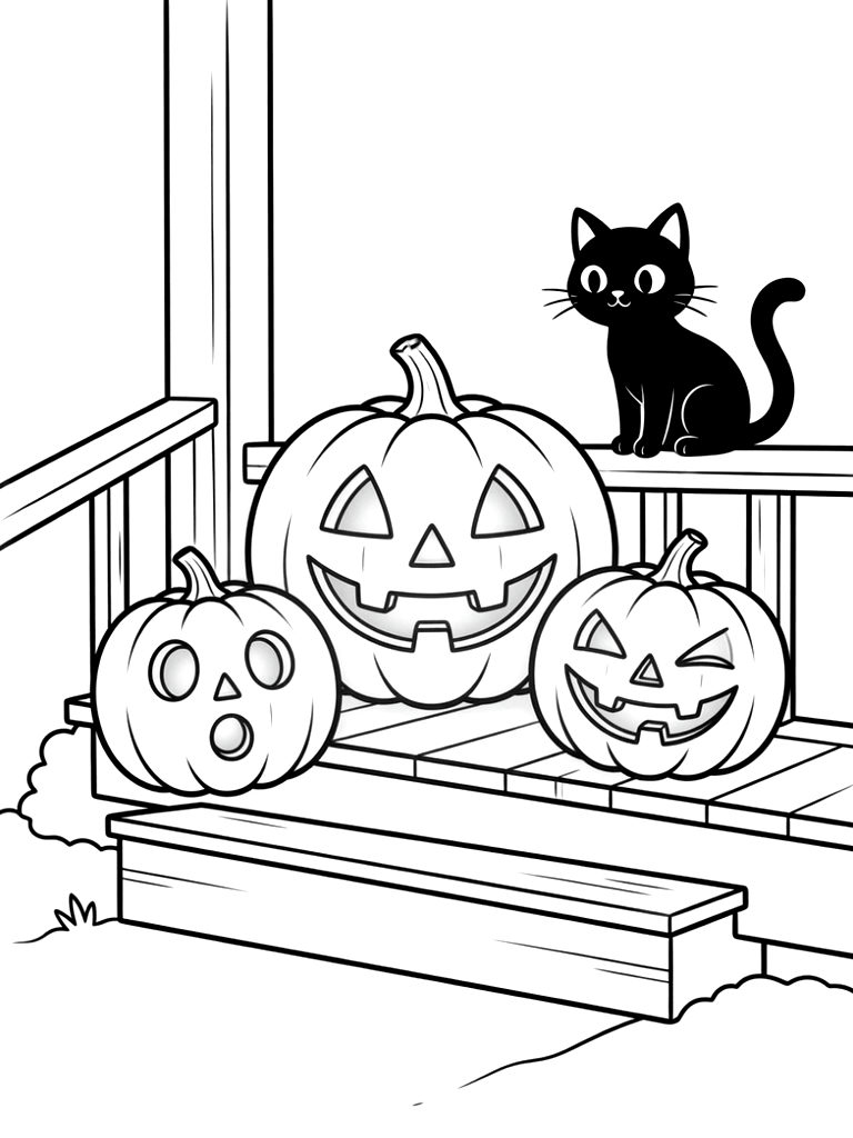 Group Of Carved Jack-o'-lanterns With Different Expressions Lighting Up A Dark Porch With A Black Cat Watching Coloring Page
