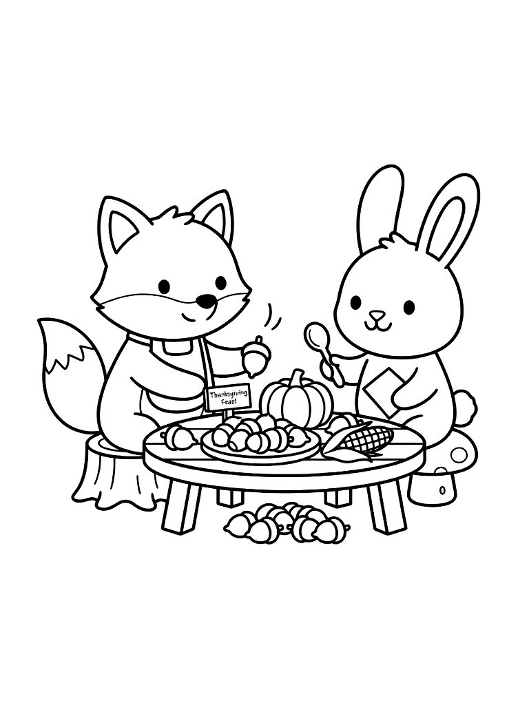 Group Of Forest Animals Like A Fox And Bunny Having Their Own Thanksgiving Feast With Acorns Coloring Page