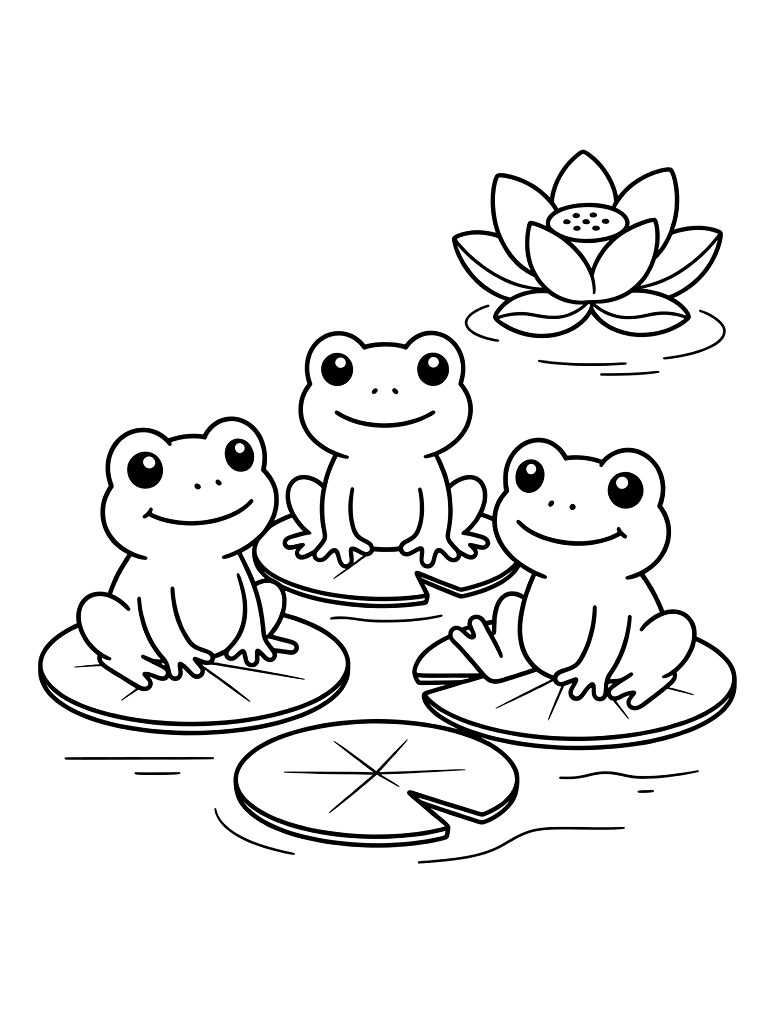 Group Of Frogs Sitting On Lily Pads In A Pond With A Blooming Lotus Flower Coloring Page