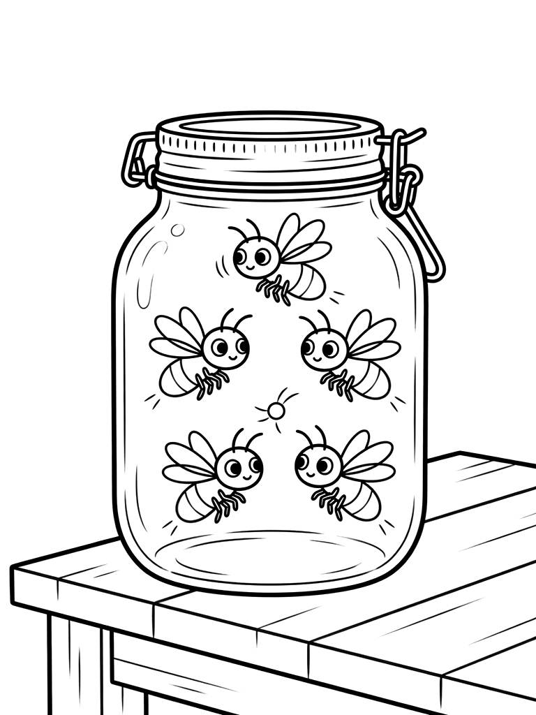 Group Of Glowing Fireflies Inside A Mason Jar On A Porch During A Summer Evening Coloring Page