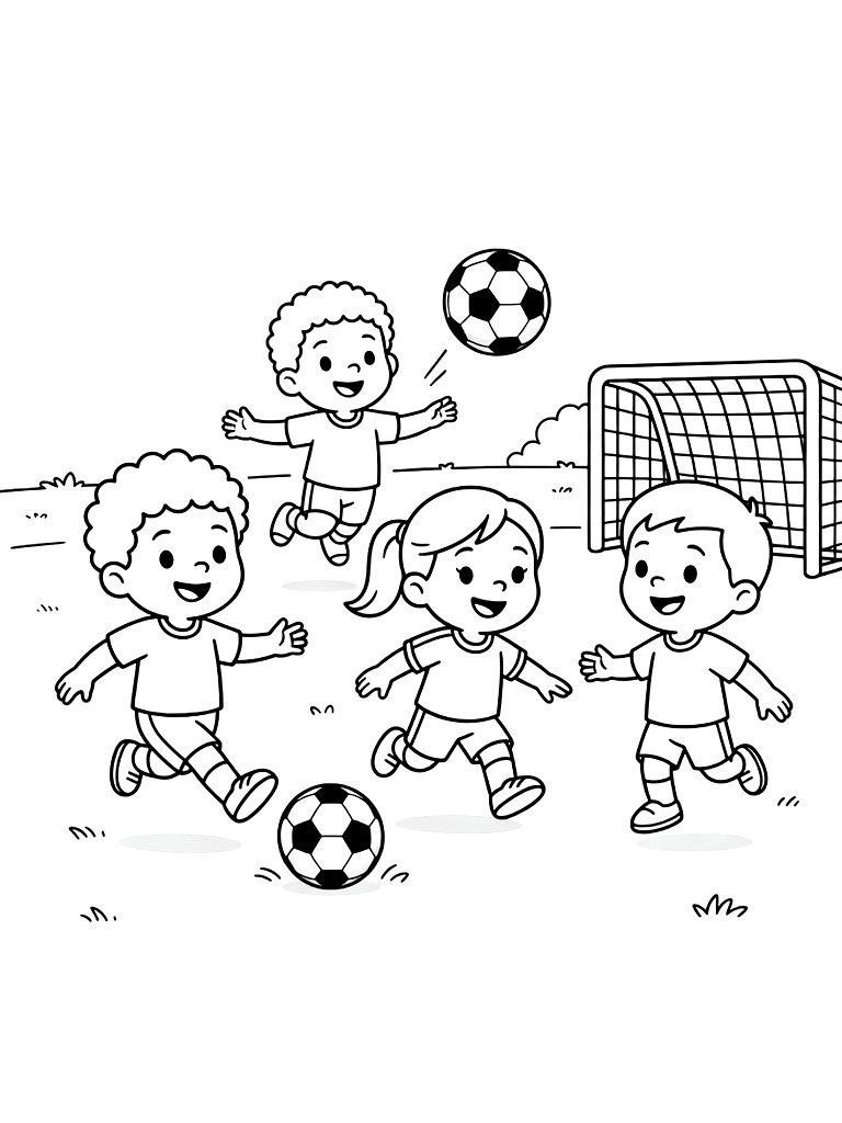 Group Of Kids Playing Soccer In A Local Park With A Goal Net And A Soccer Ball In Mid-air Coloring Page