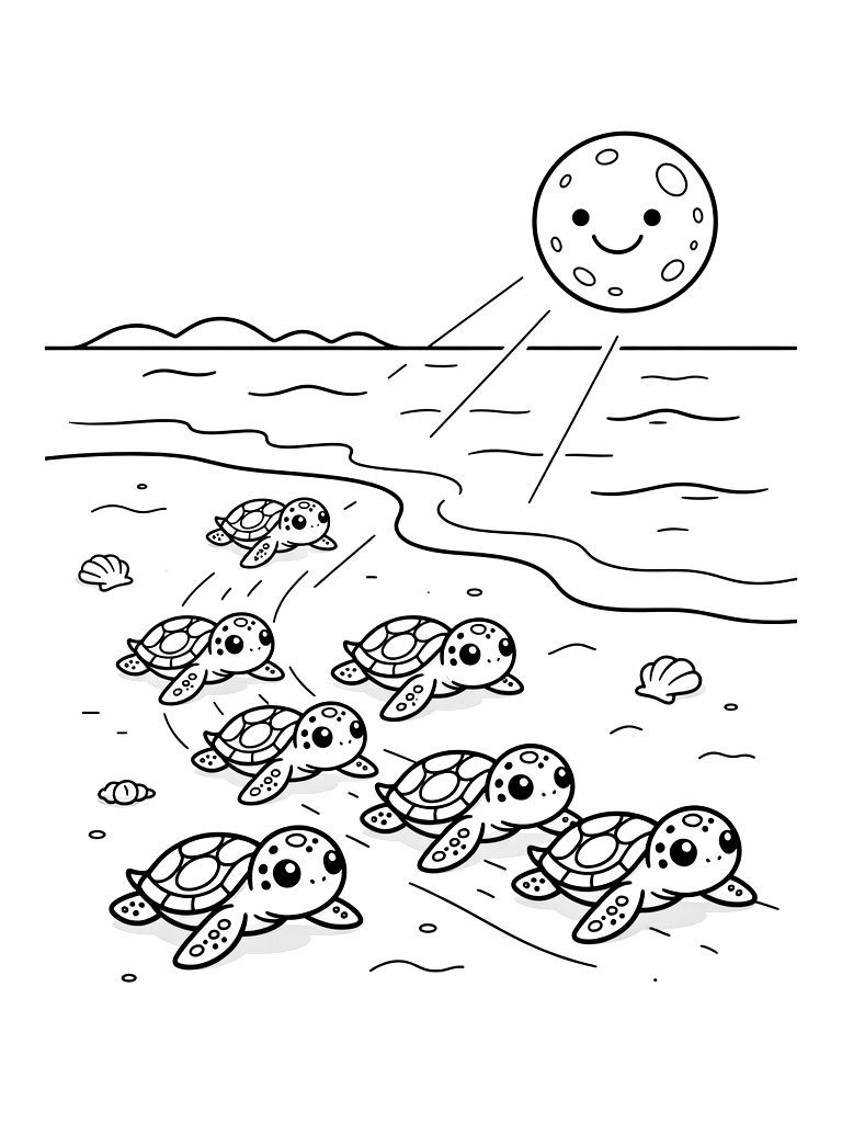 Group Of Tiny Baby Sea Turtles Making Their Way Across A Sandy Beach Toward The Moonlit Ocean Coloring Page