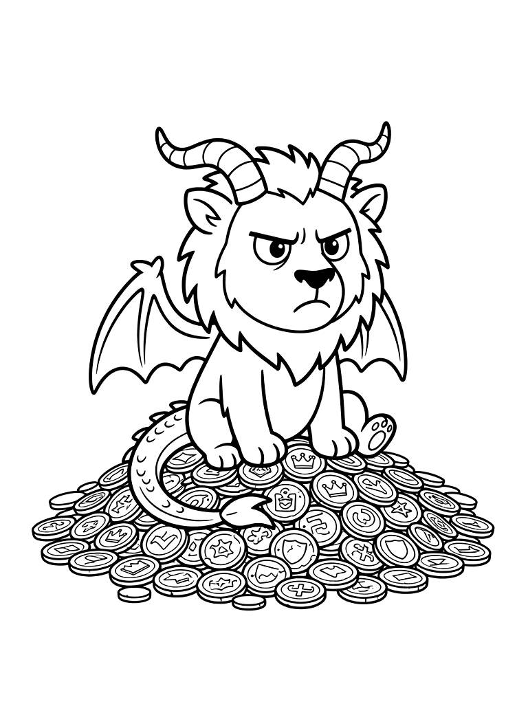 Grumpy Chimera Sitting On A Pile Of Ancient Coins Coloring Page