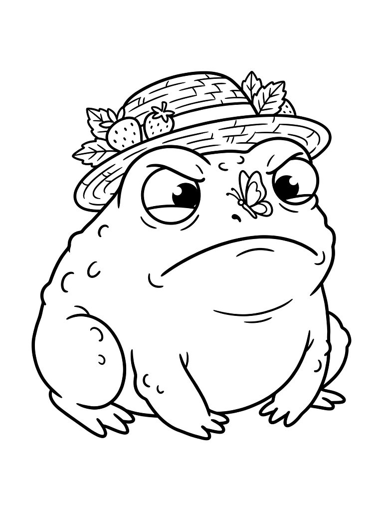 Grumpy Chubby Rain Frog Wearing A Woven Strawberry Hat Looking Cross-Eyed At A Tiny Blue Butterfly Resting On Its Nose Coloring Page