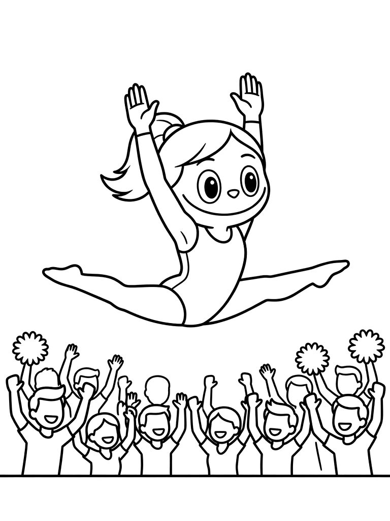 Gymnast Mid-air In A Layout Position With A Silhouette Of A Cheering Crowd Coloring Page