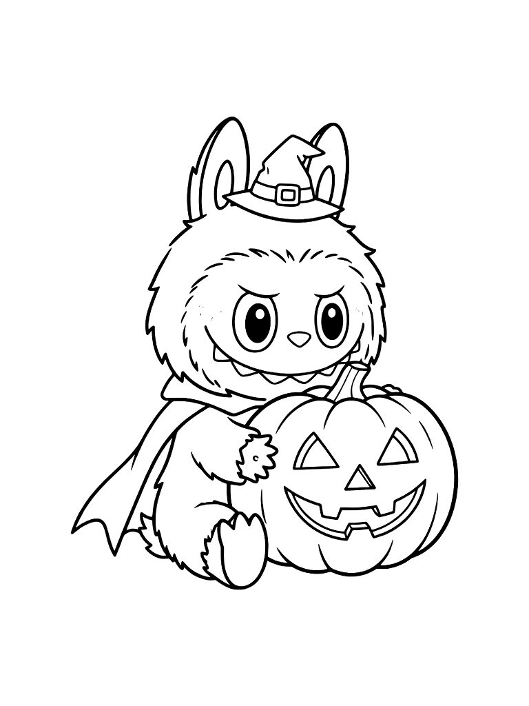 Halloween Labubu With Pumpkin Coloring Page