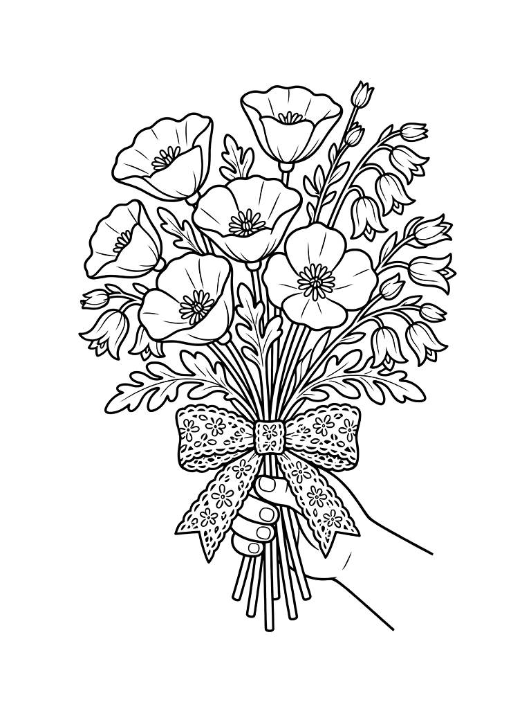 Hand-held Bouquet Of California Poppies And Bluebells Wrapped In Rustic Lace Ribbon Coloring Page