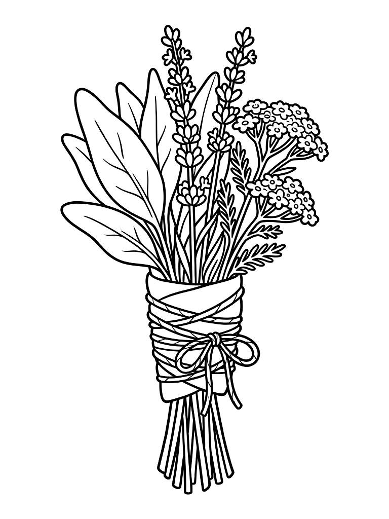 Hand-Tied Botanical Bundle Of White Sage Dried Lavender And Blooming Yarrow Wrapped Tightly With Natural Twine Coloring Page