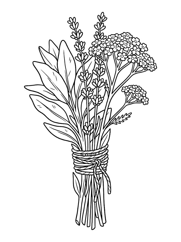 Hand-Tied Botanical Bundle Of White Sage Dried Lavender And Blooming Yarrow Wrapped Tightly With Natural Twine Coloring Page