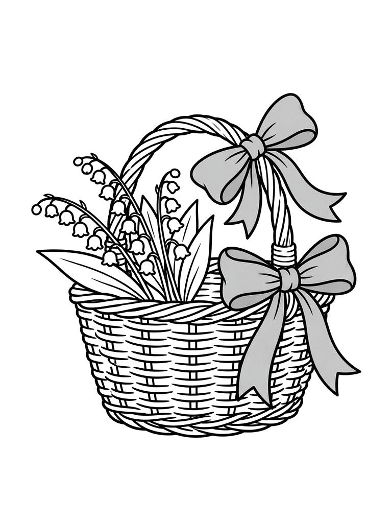 Hand-woven May Day Basket Filled With Lilies Of The Valley And Tied With A Yellow Ribbon Coloring Page
