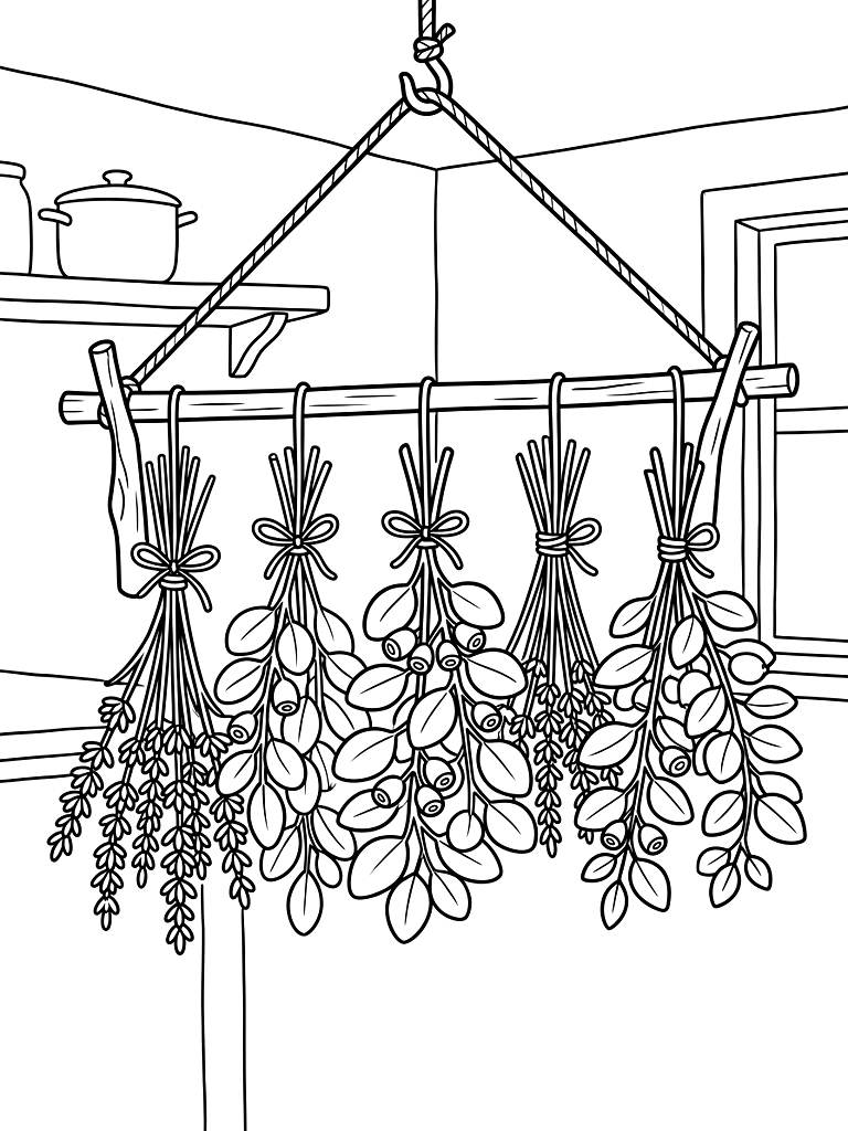 Hanging Rack Of Drying Eucalyptus And Lavender Bundles In A Rustic Kitchen Coloring Page