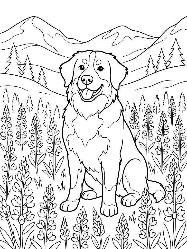 Happy Bernese Mountain Dog Sitting Proudly In A Stunning Alpine Meadow Completely Surrounded By Blooming Purple Lupine Flowers Coloring Page