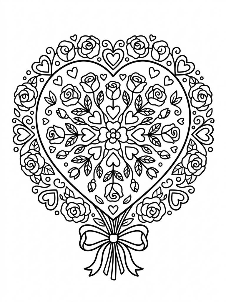 Hearts & Roses Bouquet / Heart Mandala Coloring Page