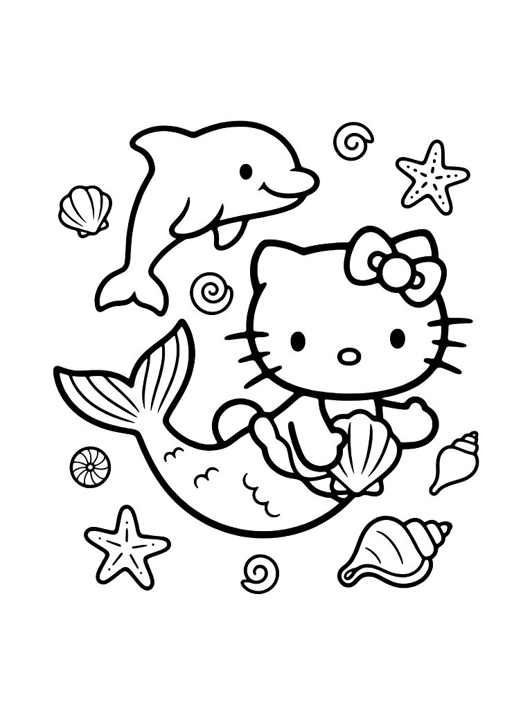 Hello Kitty As A Mermaid Swimming With A Pink Dolphin And Colorful Sea Shells Coloring Page