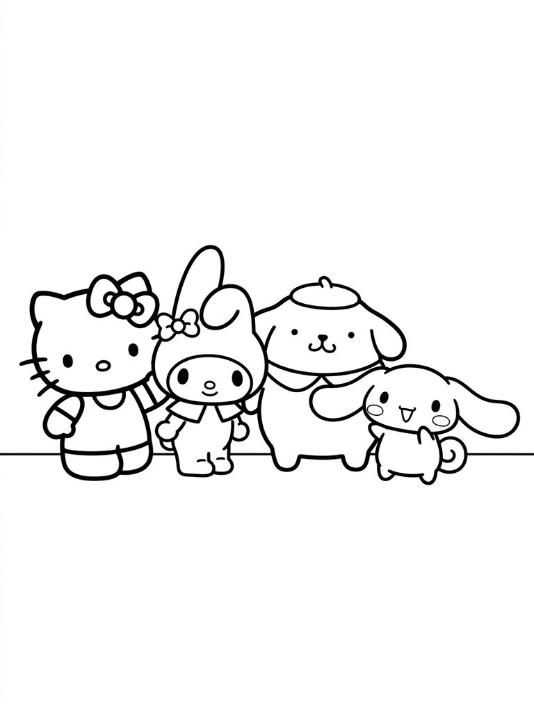 Hello Kitty With Friends / Group With My Melody Coloring Page