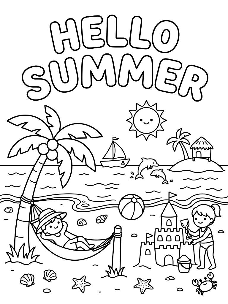 Hello Summer Beach And Tropical Vacation Scenes Coloring Page