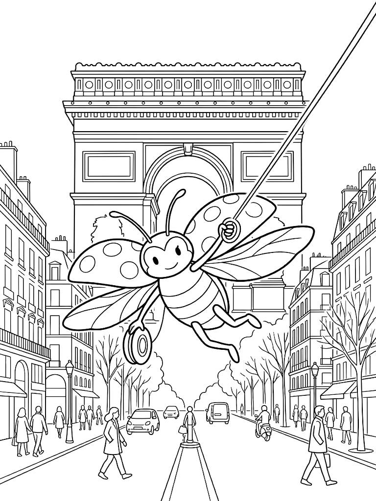 Heroic Ladybug Dynamically Swinging Through The Bustling Streets Of Paris Using Her Magical Yo-Yo With The Arc De Triomphe Behind Her Coloring Page