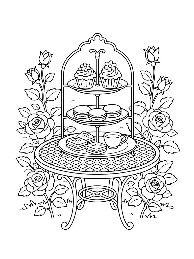 High Tea Tiered Tray With Floral Cupcakes And Macarons On A Vintage Iron Table In A Rose Garden Coloring Page
