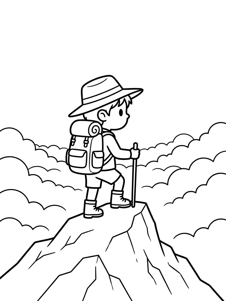 Hiker Standing On A Mountain Peak Looking Out At A Valley Of White Clouds Coloring Page