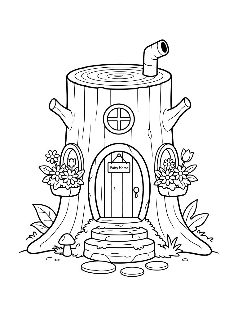 Hollowed-out Log Fairy Cottage With Mossy Steps And Flower Window Boxes Coloring Page