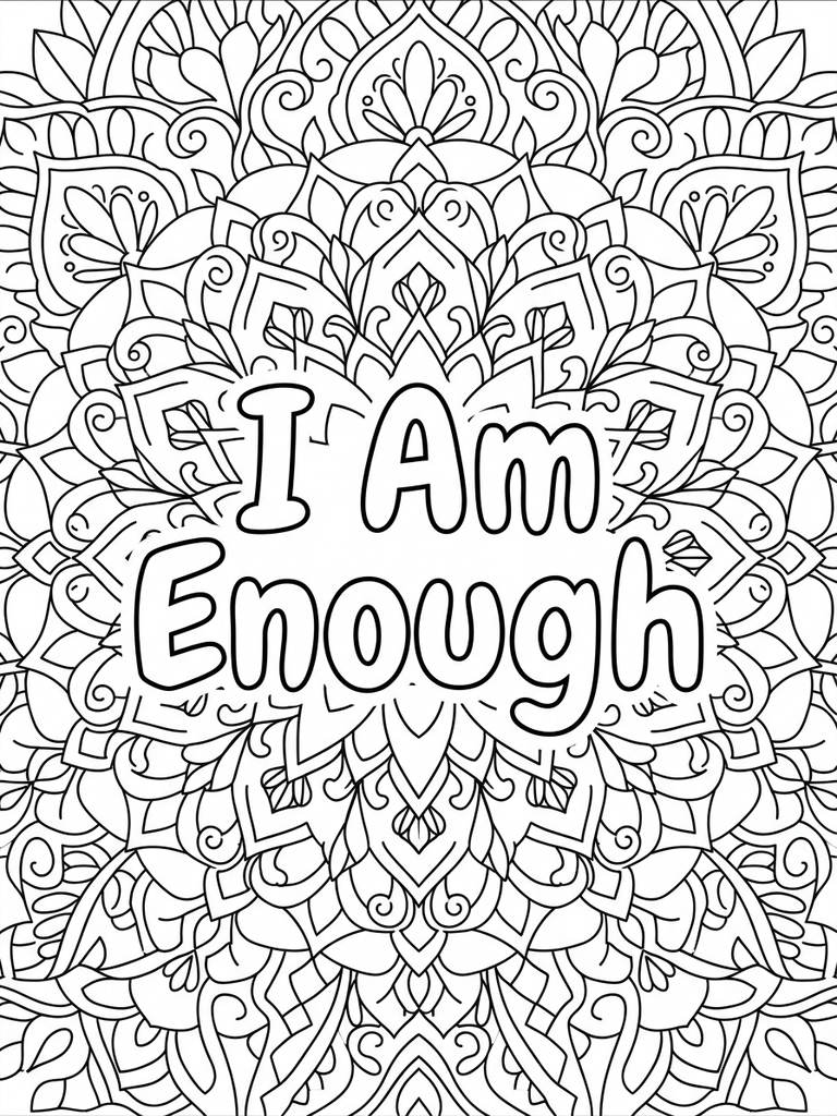 I Am Enough With Floral Mandala Background Coloring Page