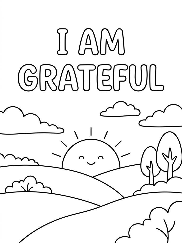 I Am Grateful With Soft Sunrise Landscape Coloring Page