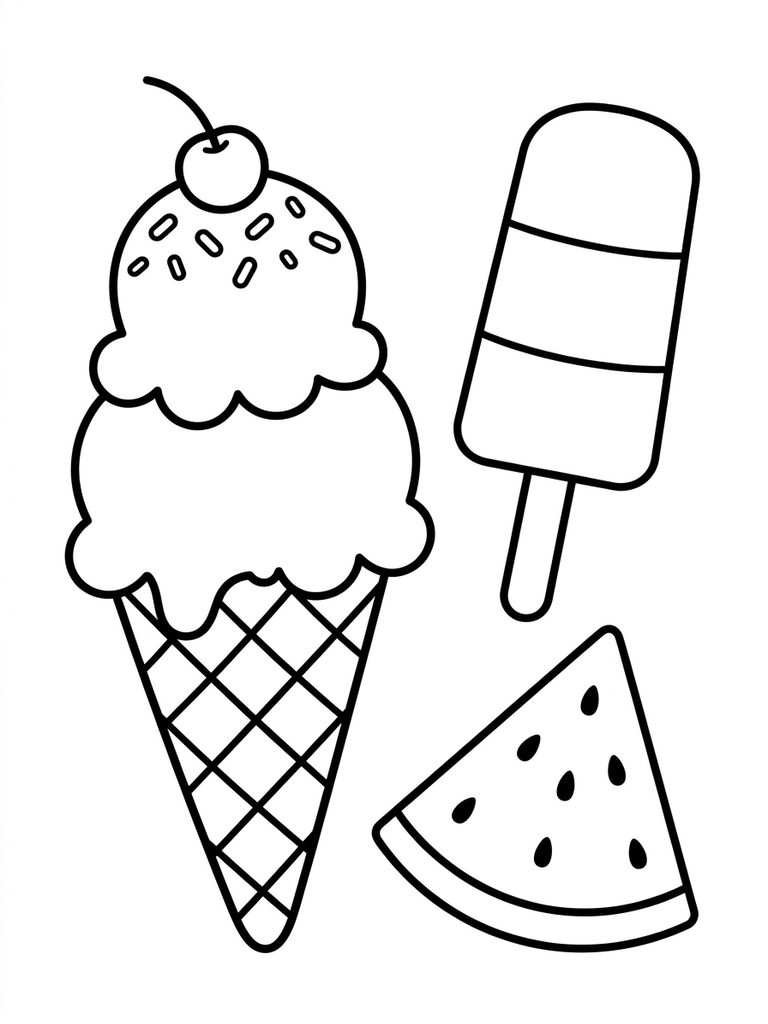 Ice Cream Cone And Summer Treats Coloring Page