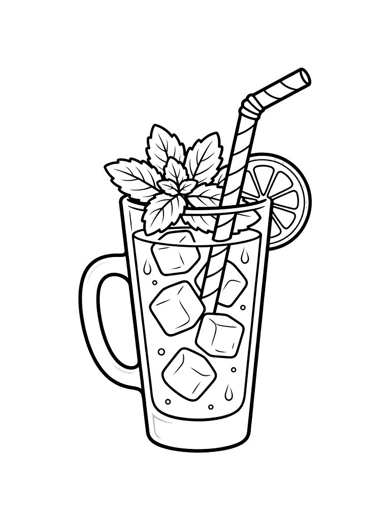Iced Lavender Lemonade Glass With Mint Leaves And A Striped Straw Coloring Page