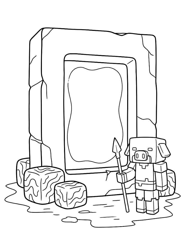 Imposing Blocky Nether Portal Glowing With Purple Energy Surrounded By Crying Obsidian And A Guarding Piglin In The Nether Coloring Page