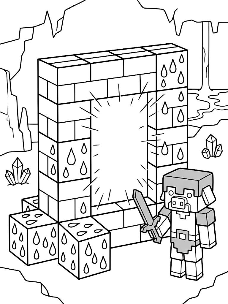 Imposing Blocky Nether Portal Glowing With Purple Energy Surrounded By Crying Obsidian And A Guarding Piglin In The Nether Coloring Page