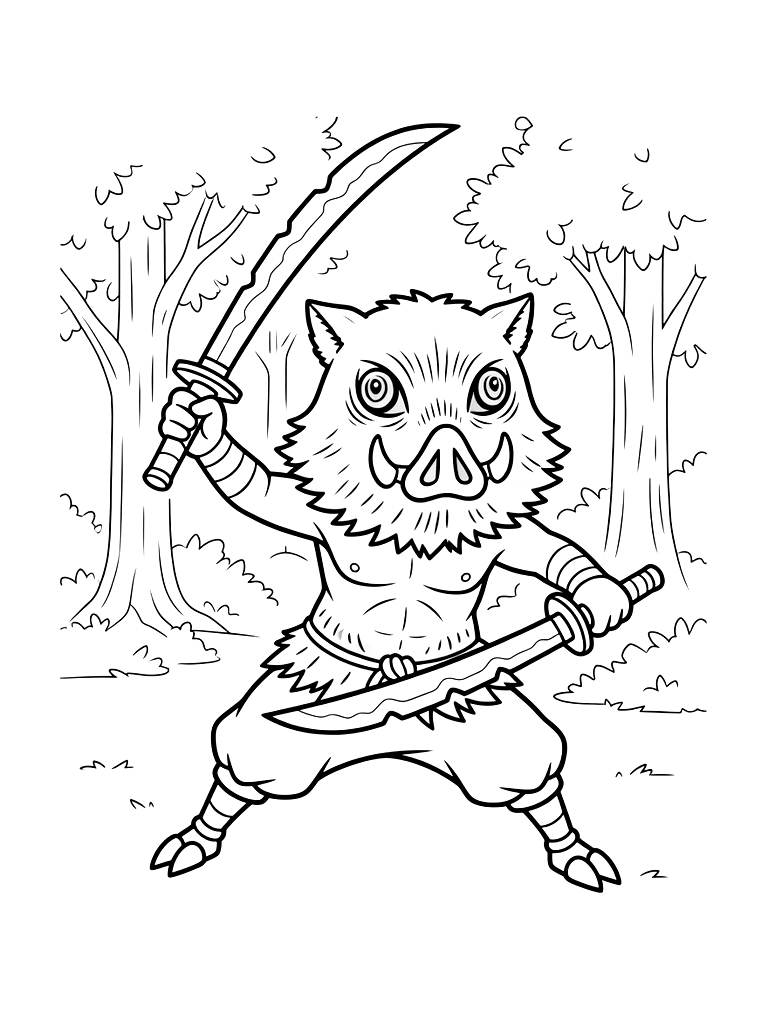 Inosuke Hashibira Wearing His Boar Mask And Wielding His Dual Jagged Katanas In A Forest Coloring Page