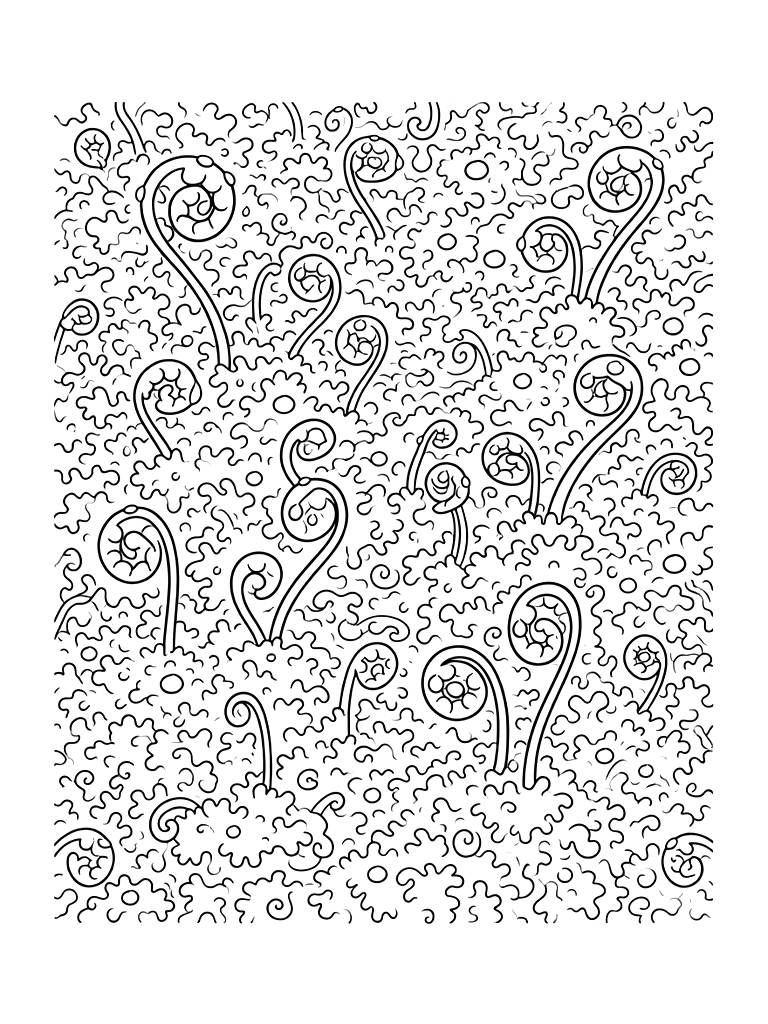 Intricate Carpet Of Forest Moss With Sprouting Fiddlehead Ferns And Dew Coloring Page